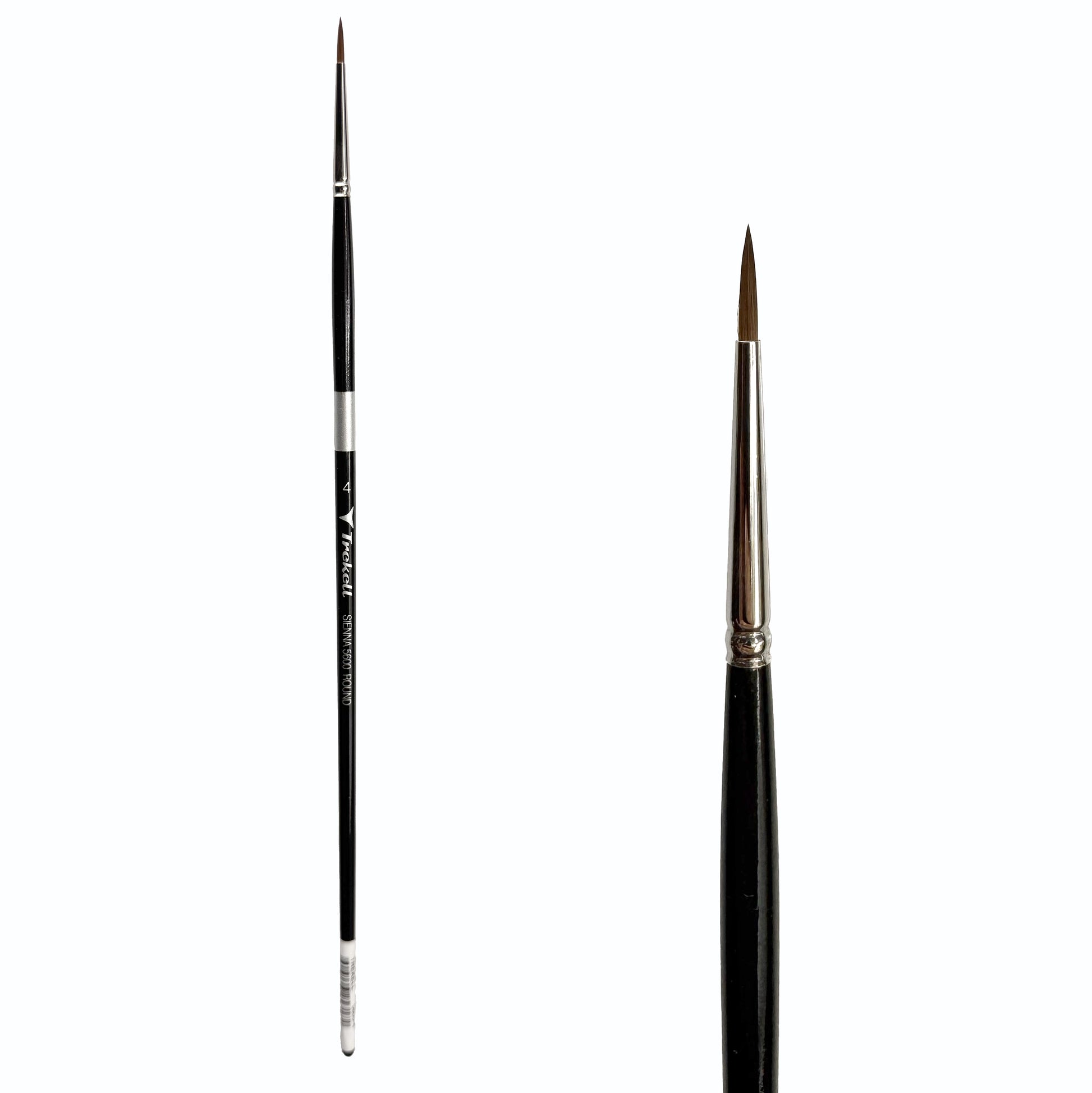 Trekell Sienna Synthetic Red Sable Long Handle Artist Brush, size #4 Round, is high-quality brush features synthetic red sable bristles that mimic natural sable, perfect for oil, watercolor, and acrylic painting.