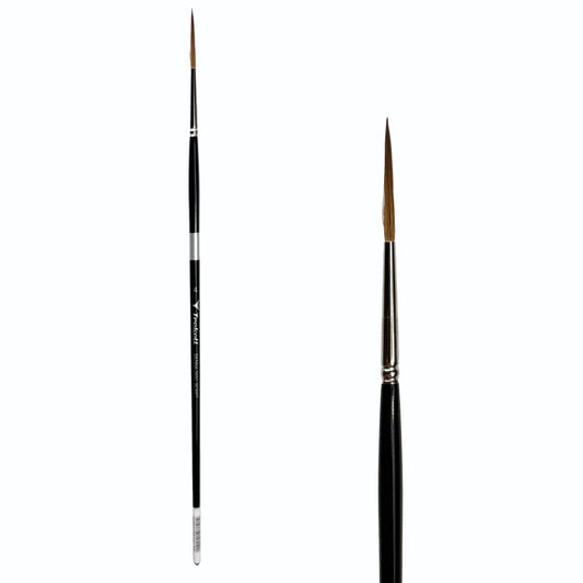 Trekell Sienna Synthetic Red Sable Long Handle Artist Brush, size #4 Script Rigger, is high-quality brush features synthetic red sable bristles that mimic natural sable, perfect for oil, watercolor, and acrylic painting.