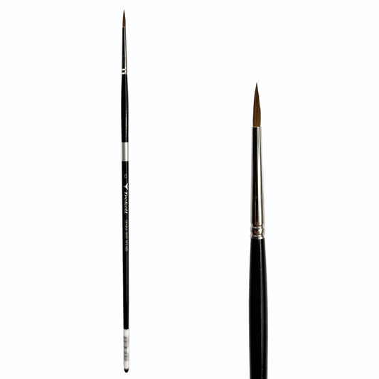 Trekell Sienna Synthetic Red Sable Long Handle Artist Brush, size #6 Round, is high-quality brush features synthetic red sable bristles that mimic natural sable, perfect for oil, watercolor, and acrylic painting.
