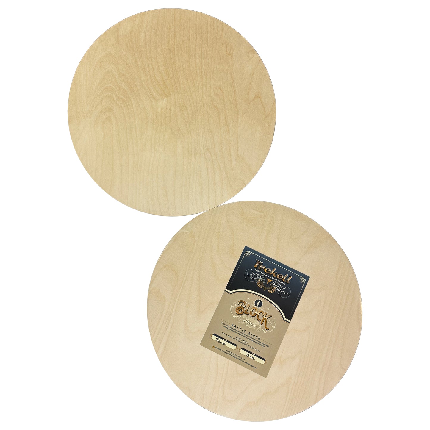 Trekell 12" round unprimed wood panel made from 1/2" Baltic birch, pre-sanded smooth surface with keyhole backing, sturdy panel ready for sealing and priming for various painting media.