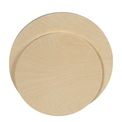 Trekell 14" round unprimed wood panel made from 1/2" Baltic birch, pre-sanded smooth surface with keyhole backing, sturdy panel ready for sealing and priming for various painting media.