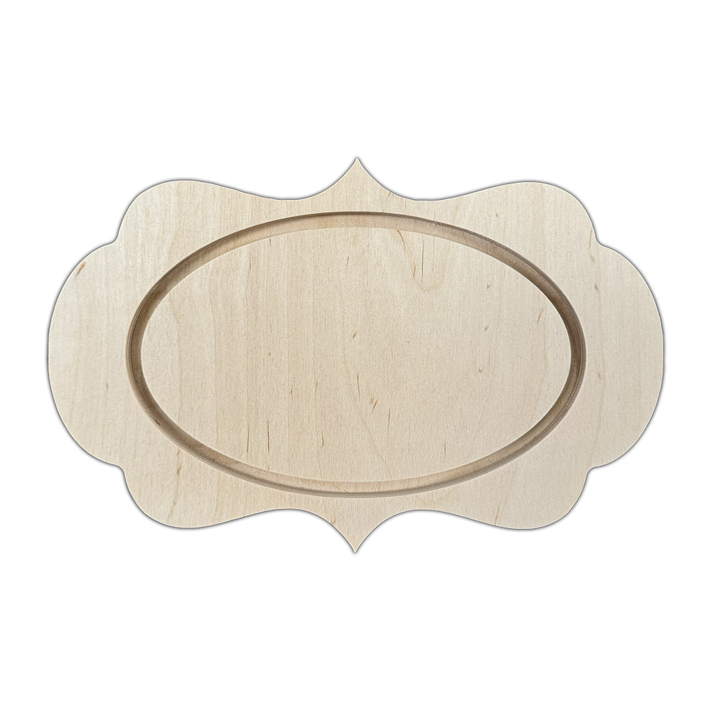 a wooden plaque with an oval shape on it